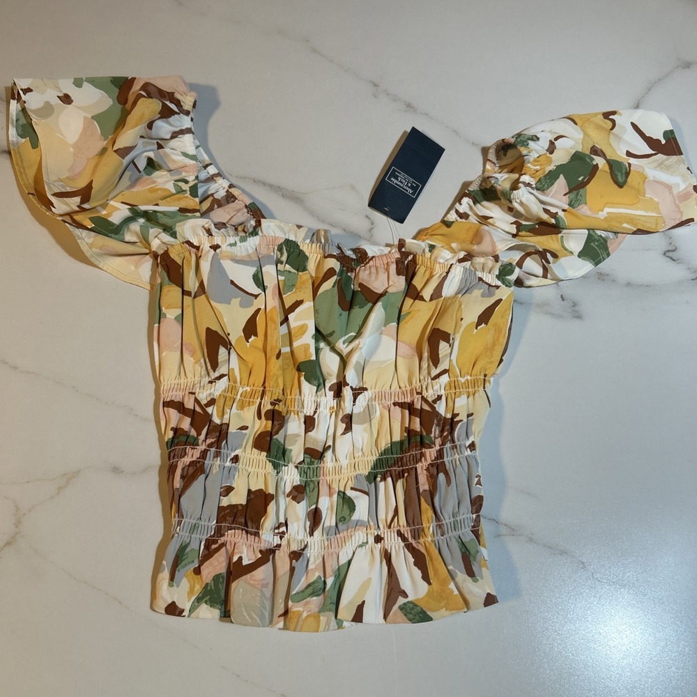 Abercrombie & Fitch Floral Puff Sleeve Smocked Crop Top S Cottagecore New